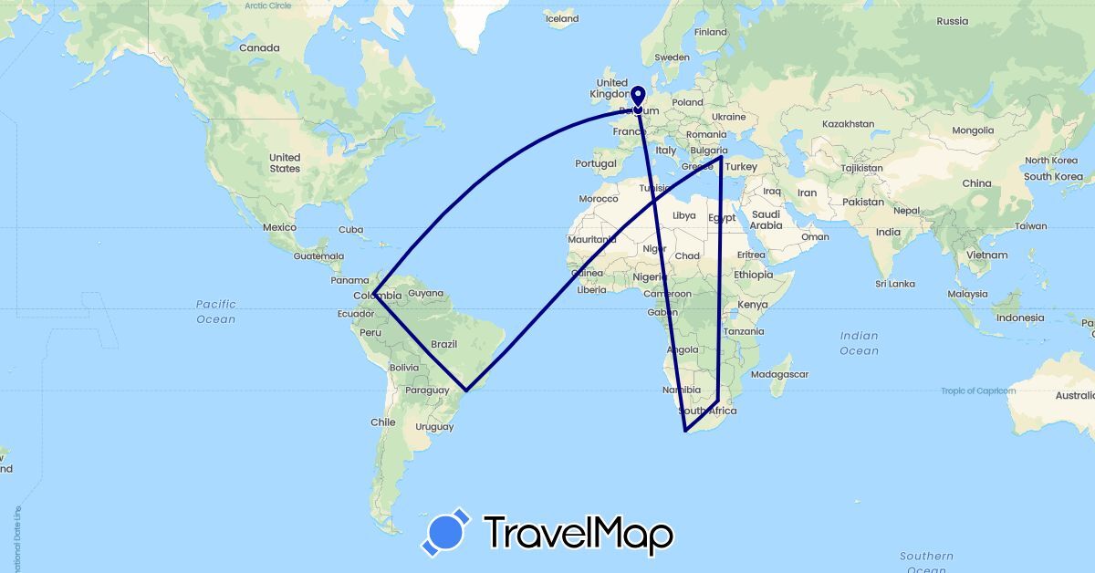 TravelMap itinerary: driving in Belgium, Brazil, Colombia, Turkey, South Africa (Africa, Asia, Europe, South America)